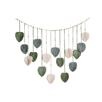 DecorBites™ boho style handmade macrame leaf wall hanging in green gray and cream for living room decor
