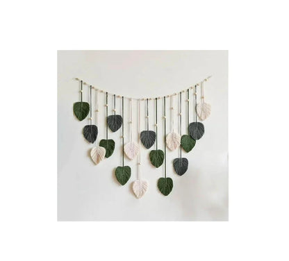 DecorBites™ boho style handmade tapestry with green gray and cream macrame leaf wall hanging for living room decor
