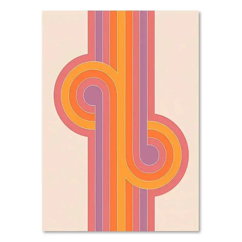 DecorBites™ boho sunset art print set featuring pastel peach canvas with bold orange and mauve stripes for living room