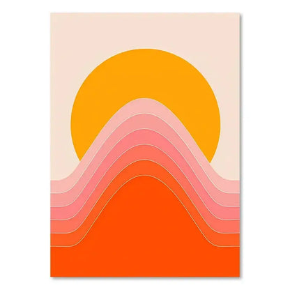 Decorbites™ boho sunset art print featuring a vibrant orange sun with pink coral waves for living room decor
