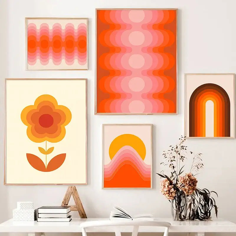 Set of five framed retro stripes art prints in bold orange pink and yellow for living room decor by decorbites