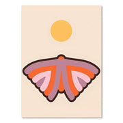 A stylized flat-design moth with layered purple and orange wings in boho sunset art prints for living room decor