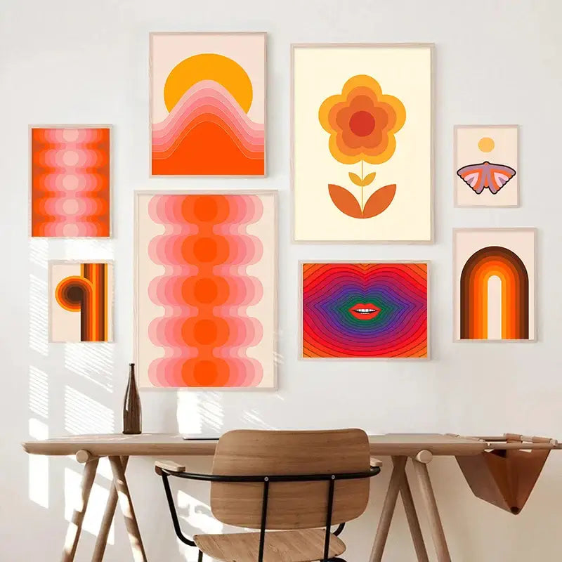 A collection of vibrant boho sunset art prints featuring abstract floral and geometric designs in warm tones for wall decor