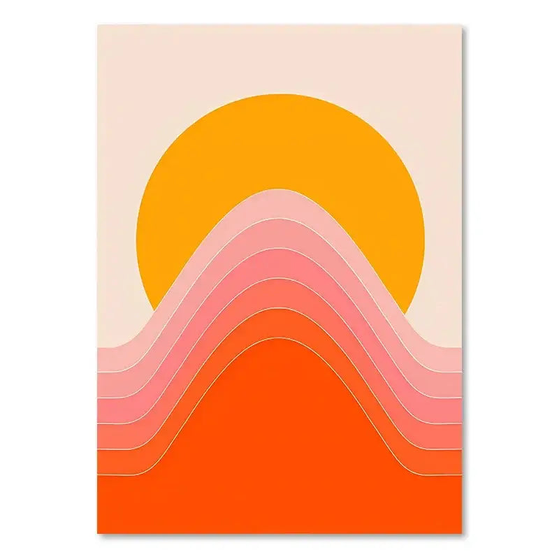 Decorbites™ boho sunset art prints featuring a vibrant orange sun and layered pink coral waves on beige background wall decor