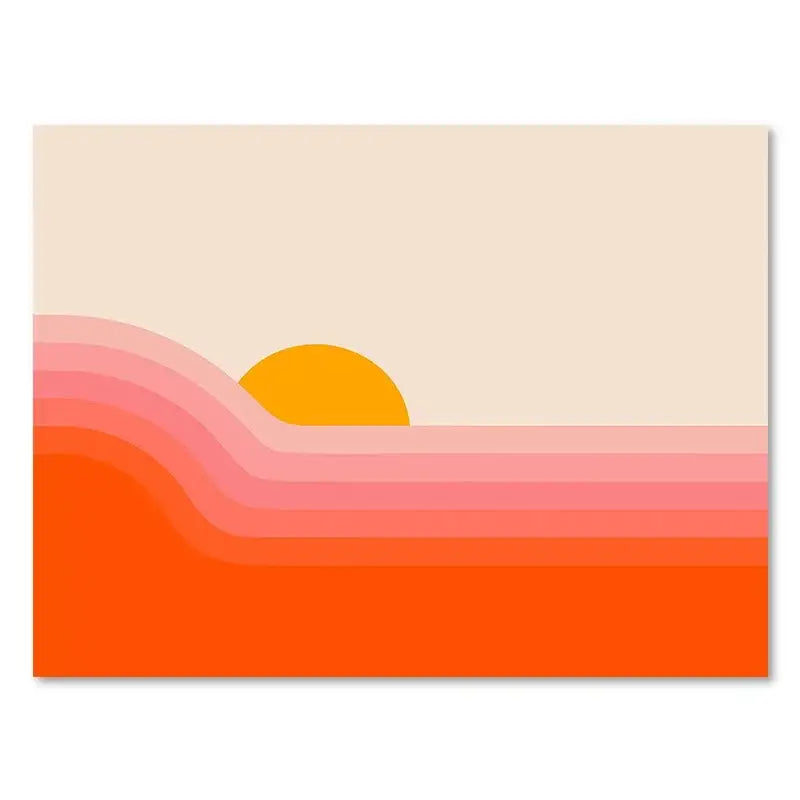 DecorBites boho sunset rainbow art prints feature minimalist canvas wall decor with vibrant orange and pink sunset rainbow hues