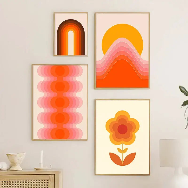 Set of four framed DecorBites™ boho sunset rainbow art prints with warm orange pink and yellow geometric designs