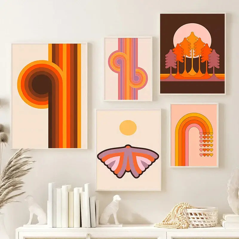 Set of six decorbites™ boho sunset rainbow art prints with bold orange pink and purple geometric patterns on canvas