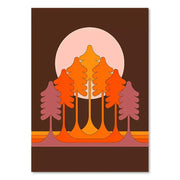 Stylized boho sunset rainbow art prints featuring gradient orange and pink trees on canvas wall decor by decorbites
