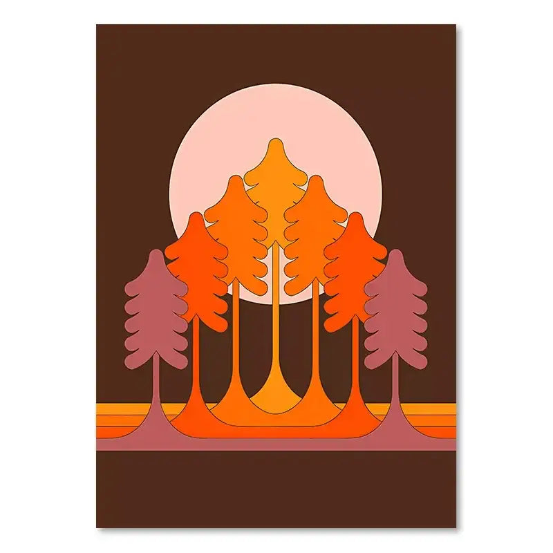Stylized boho sunset rainbow art prints featuring gradient orange and pink trees on canvas wall decor by decorbites