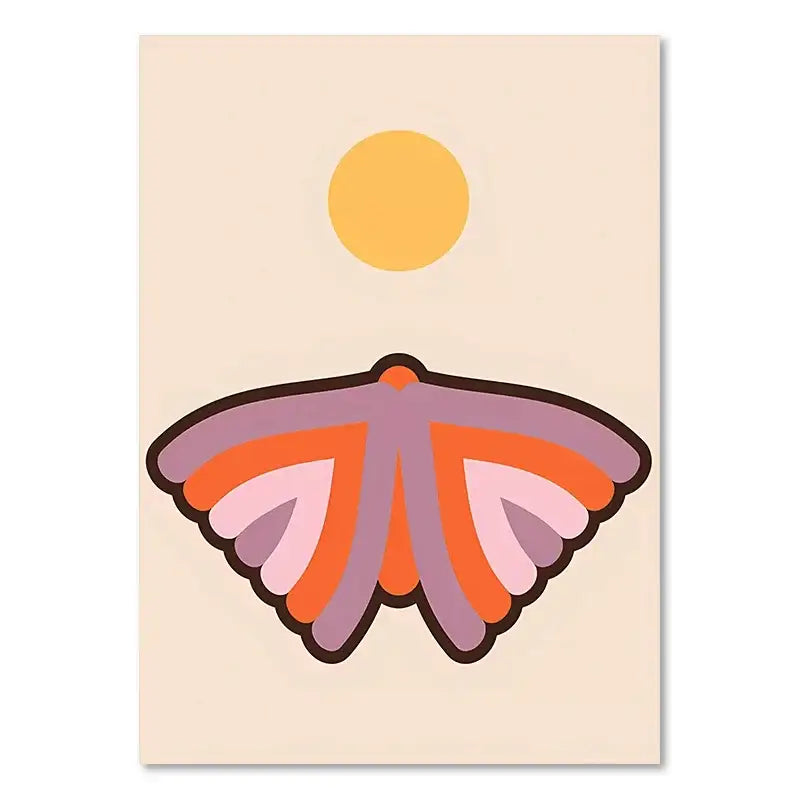 A stylized flat-design moth with purple and orange layered wings in boho sunset rainbow art prints on canvas wall decor
