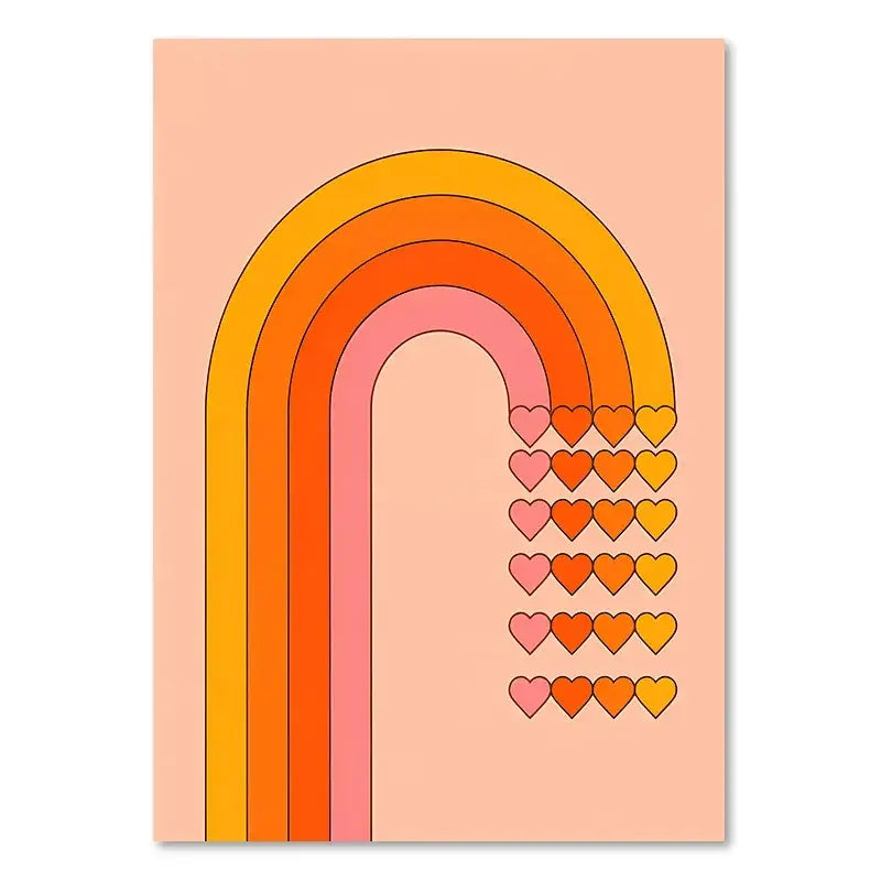 A vibrant boho sunset rainbow art print featuring bold orange pink and yellow bands over a heart grid on canvas wall decor