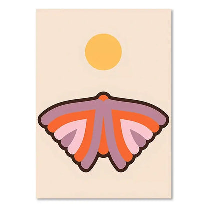 Decorbites™ boho sunset stripes art prints featuring a stylized moth with layered purple and orange wings on beige background