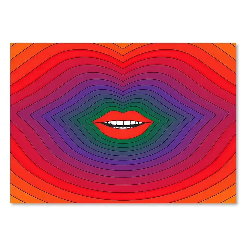 DecorBites™ Boho Sunset stripes art prints featuring vibrant red lips within colorful concentric wavy bands wall decor