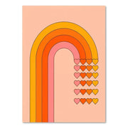 A vibrant retro-style rainbow stripes art print with bold orange pink and yellow bands and matching hearts