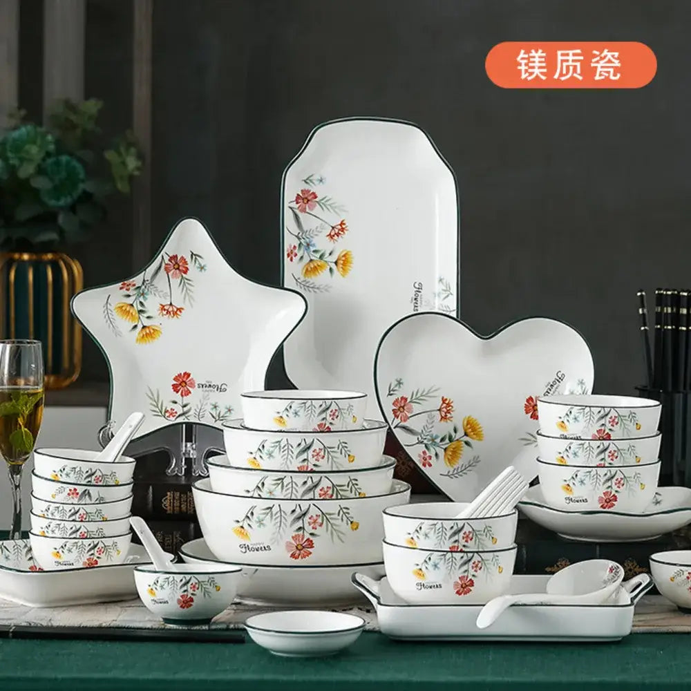 Decorbites™ bone china rice noodles bowl and dinner plate set with red yellow and green floral patterns on dark background