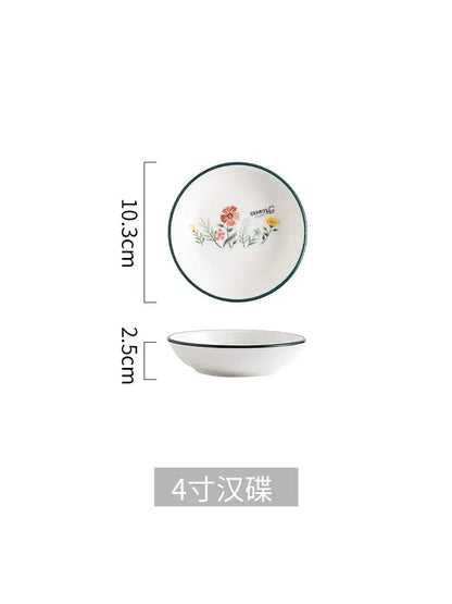 White ceramic DecorBites™ bone china rice noodles bowl with delicate pink yellow and green floral rim design
