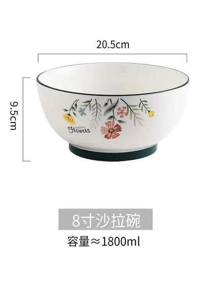 White ceramic DecorBites™ bone china rice noodles bowl with floral rim and black trim for serving rice noodles