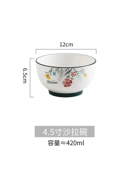 DecorBites bone china rice noodles bowl with white ceramic, floral design in red yellow blue, black rim and base