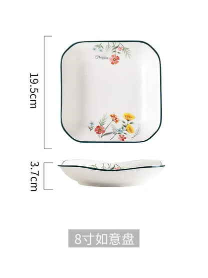 White ceramic decorbites™ bone china rice noodles bowl and dinner plate set with floral edges and dark green border