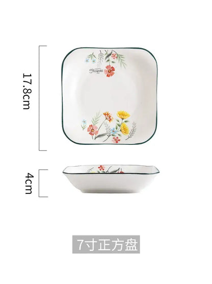 White ceramic square dinner plate from decorbites bone china rice noodles bowl set with floral pattern and dark green rim