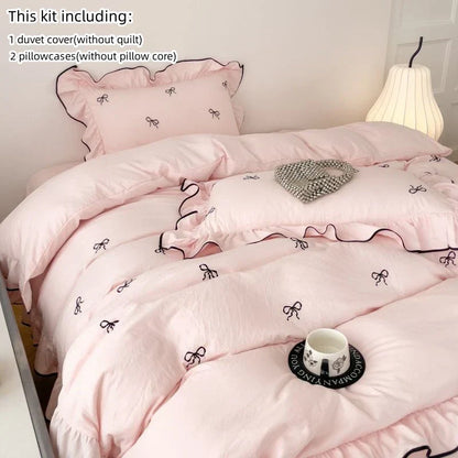 Pink duvet cover from decorbites™ bow embroidery bedding set with black ribbon bow embroidery and ruffled edges