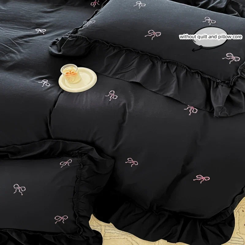 Decorbites™ black bow embroidery bedding set with ruffles featuring delicate pink embroidered bows for bedroom decor