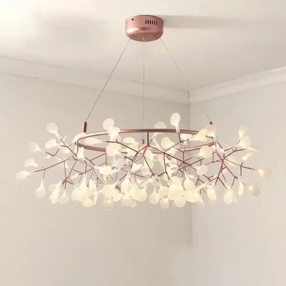 Decorbites™ branch design nordic chandelier in rose gold black with metallic branch arms and white glass orbs
