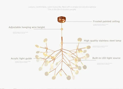 DecorBites™ branch design nordic chandelier with rose gold black stainless steel frame and frosted acrylic light guides