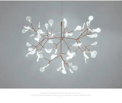 DecorBites branch design nordic chandelier with rose gold black metal arms and translucent white glass globes