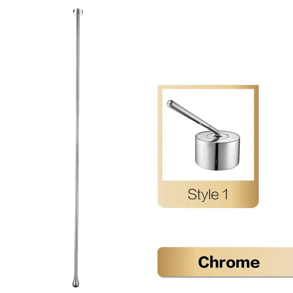 Chrome-finished telescopic pole with a sleek slender design and rounded ends complementing brass black single handle faucet