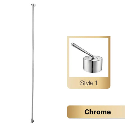 Chrome-finished telescopic pole with a sleek slender design and rounded ends complementing brass black single handle faucet