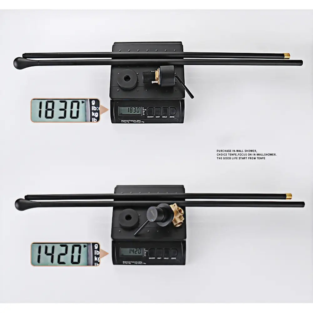 DecorBites brass black single handle luxury faucet with in-wall shower rod and gold ends on digital scale