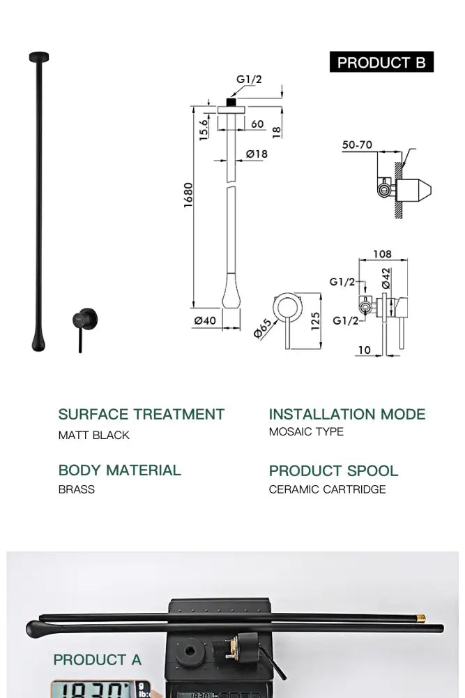 Black matte-finished brass black single handle wall-mounted light fixture with ceramic cartridge and mosaic installation type