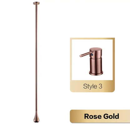 Rose gold metallic shower rod with tapered design and matching soap dispenser complement brass black single handle faucet