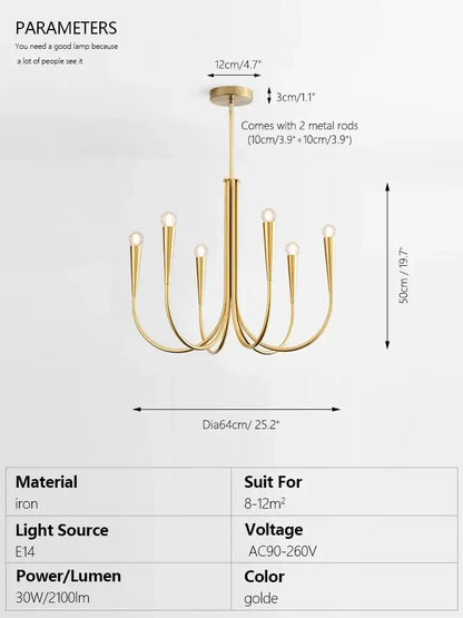 Decorbites brass chandelier gold-colored iron with six curved arms and spherical bulbs for dining room lighting