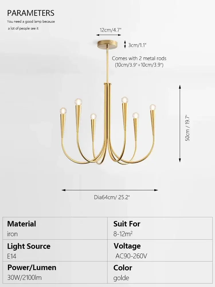 Decorbites brass chandelier gold-colored iron with six curved arms and spherical bulbs for dining room lighting
