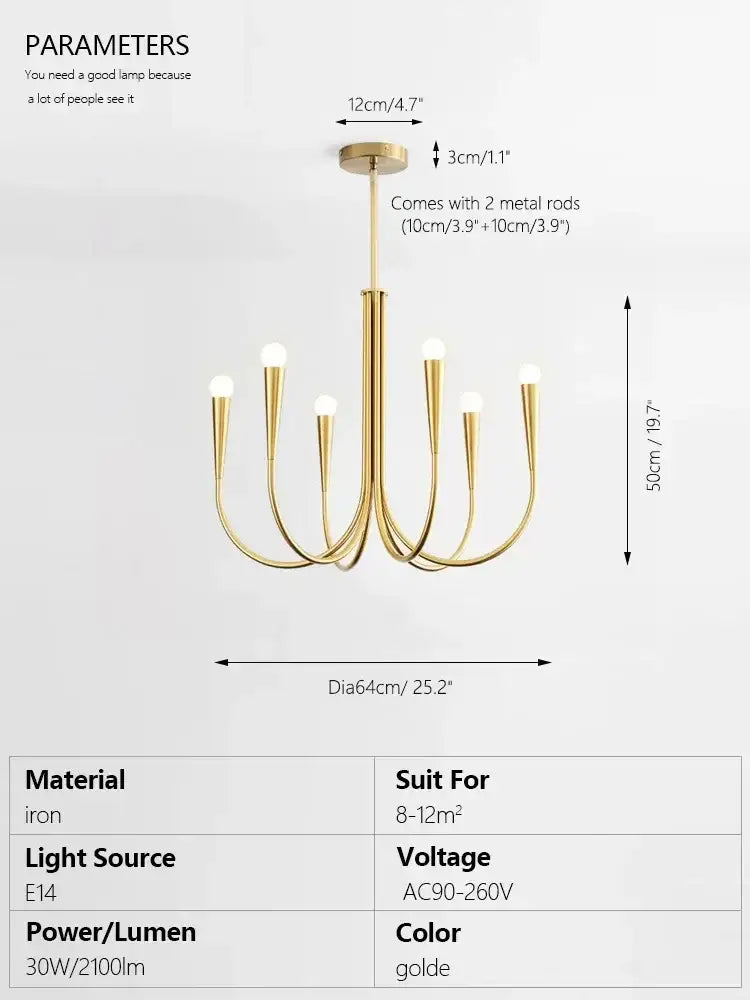 Gold-colored decorbites brass chandelier with six curved arms and frosted glass bulbs for dining room lighting