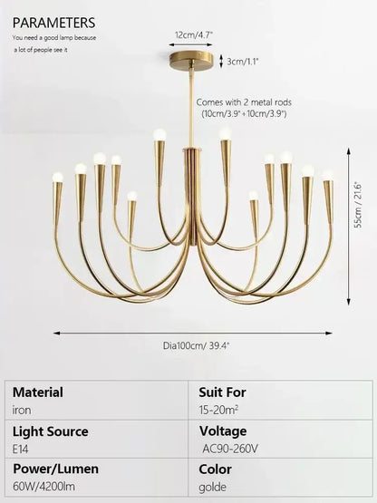 Gold-colored decorbites brass chandelier for dining room with multiple curved arms and frosted bulb sockets