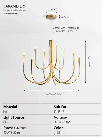 Gold-colored decorbites brass chandelier with curved arms and exposed bulbs for dining room lighting
