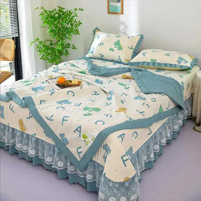 Beige and teal cotton summer bedding cover set with alphabet quilt and lace trim from decorbites breathable cover set