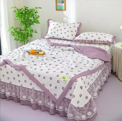 Decorbites breathable cotton summer bedding cover set with lavender and white floral pattern and lace trim
