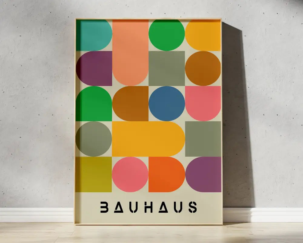 DecorBites Bright Geometric Canvas Art print featuring mid century bauhaus colorful geometric wall art on cream background
