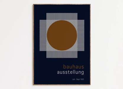 A minimalist bright geometric canvas print featuring a bold brown circle on navy grid lines for home decor by decorbites