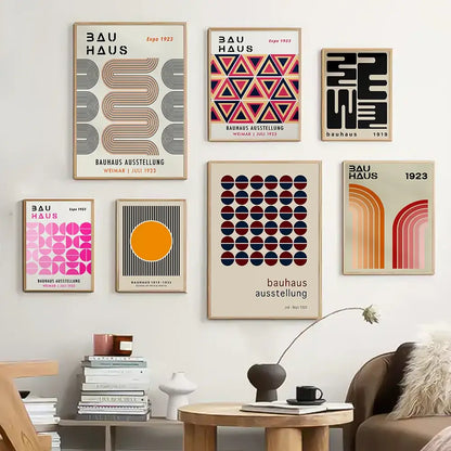 Set of six framed DecorBites™ bright geometric canvas prints with Bauhaus-style patterns for modern home decor