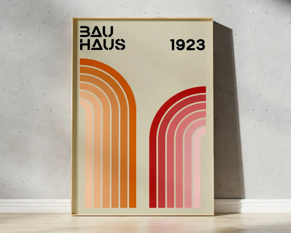 DecorBites™ bright geometric wall art canvas print with bold retro orange red arches on cream background bau haus 1923 text