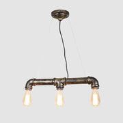 Industrial-style pendant steampunk water pipe island light with three exposed edison bulbs in dark bronze wrought iron frame