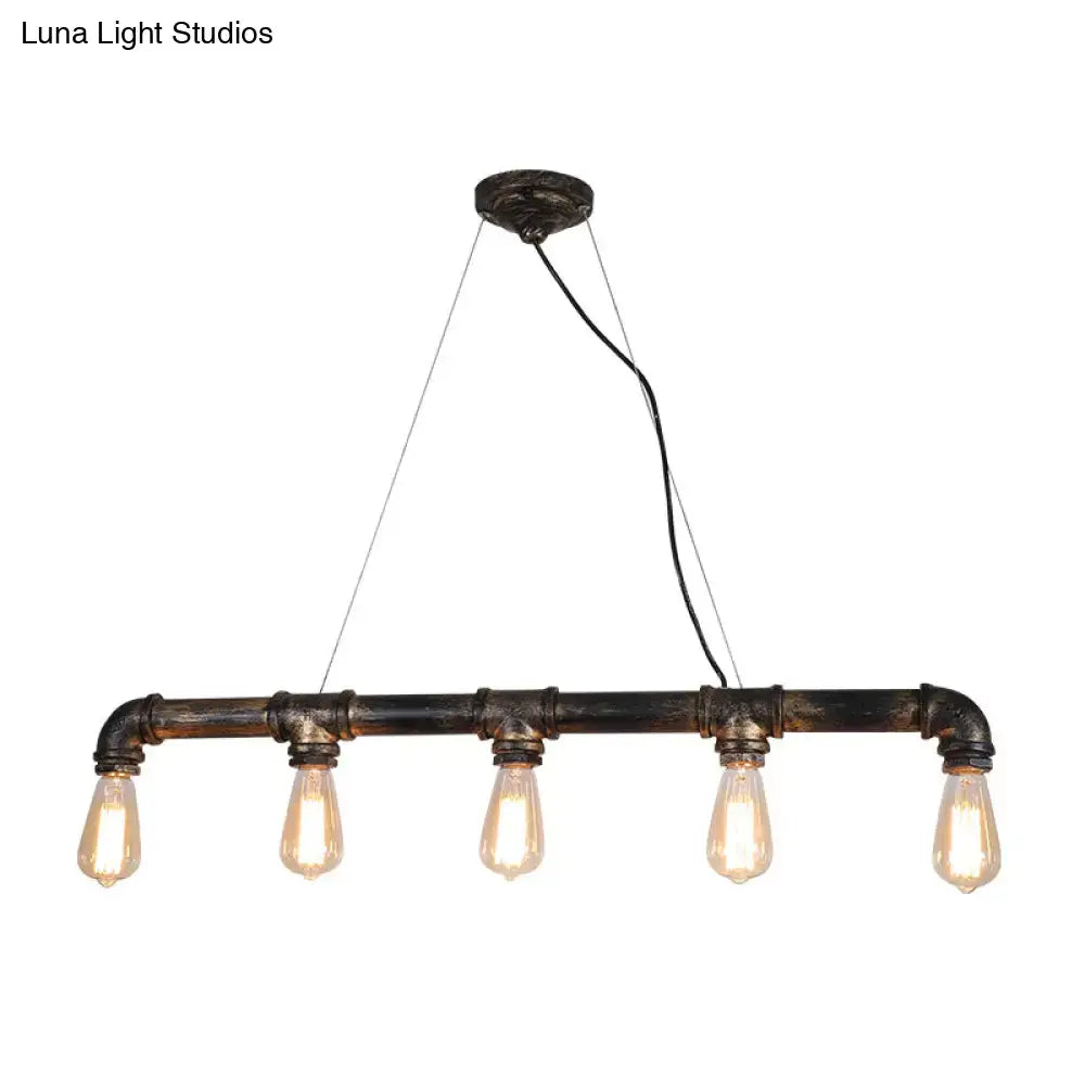 DecorBites™ bronze steampunk water pipe island light with dark rustic metal pipe frame and five exposed Edison bulbs