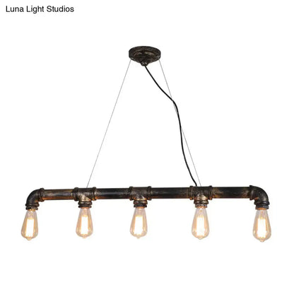 DecorBites™ bronze steampunk water pipe island light with dark rustic metal pipe frame and five exposed Edison bulbs