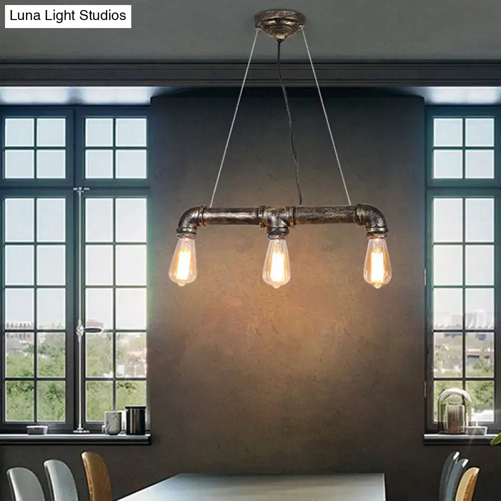 Decorbites™ bronze steampunk water pipe island light with three exposed edison bulbs and wrought iron pipe frame suspended fixture