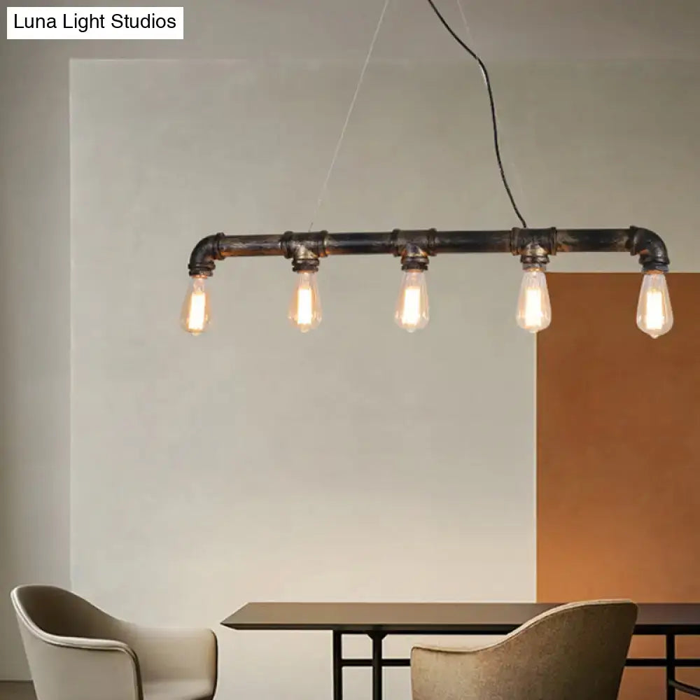 DecorBites bronze steampunk water pipe island light with four exposed filament bulbs and black wrought iron pipes